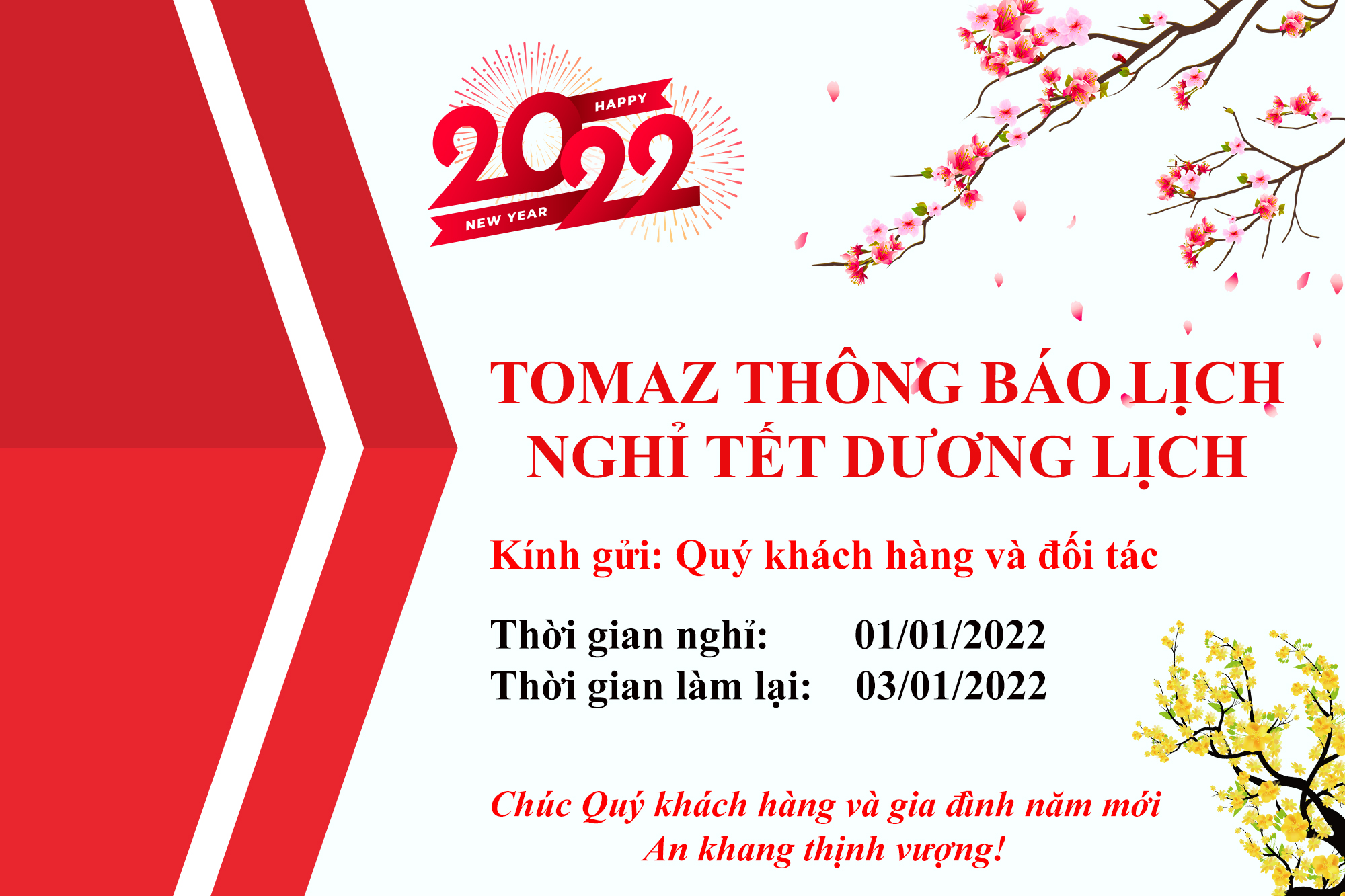 THÔNG BÁO NGHỈ TẾT DƯƠNG LỊCH 2022