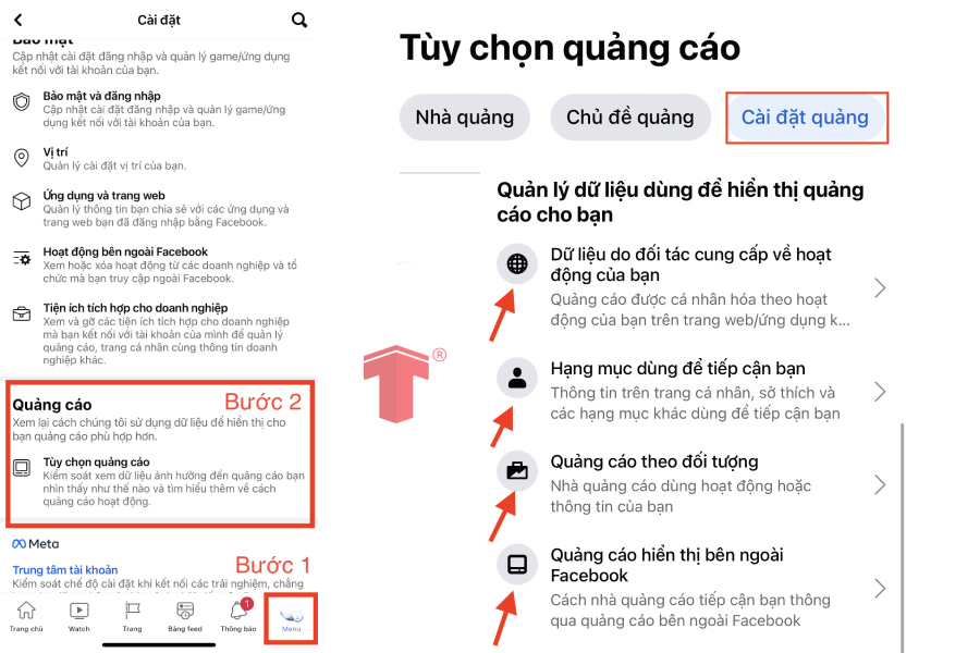 Các bước cài đặt cho hạng mục quảng cáo 