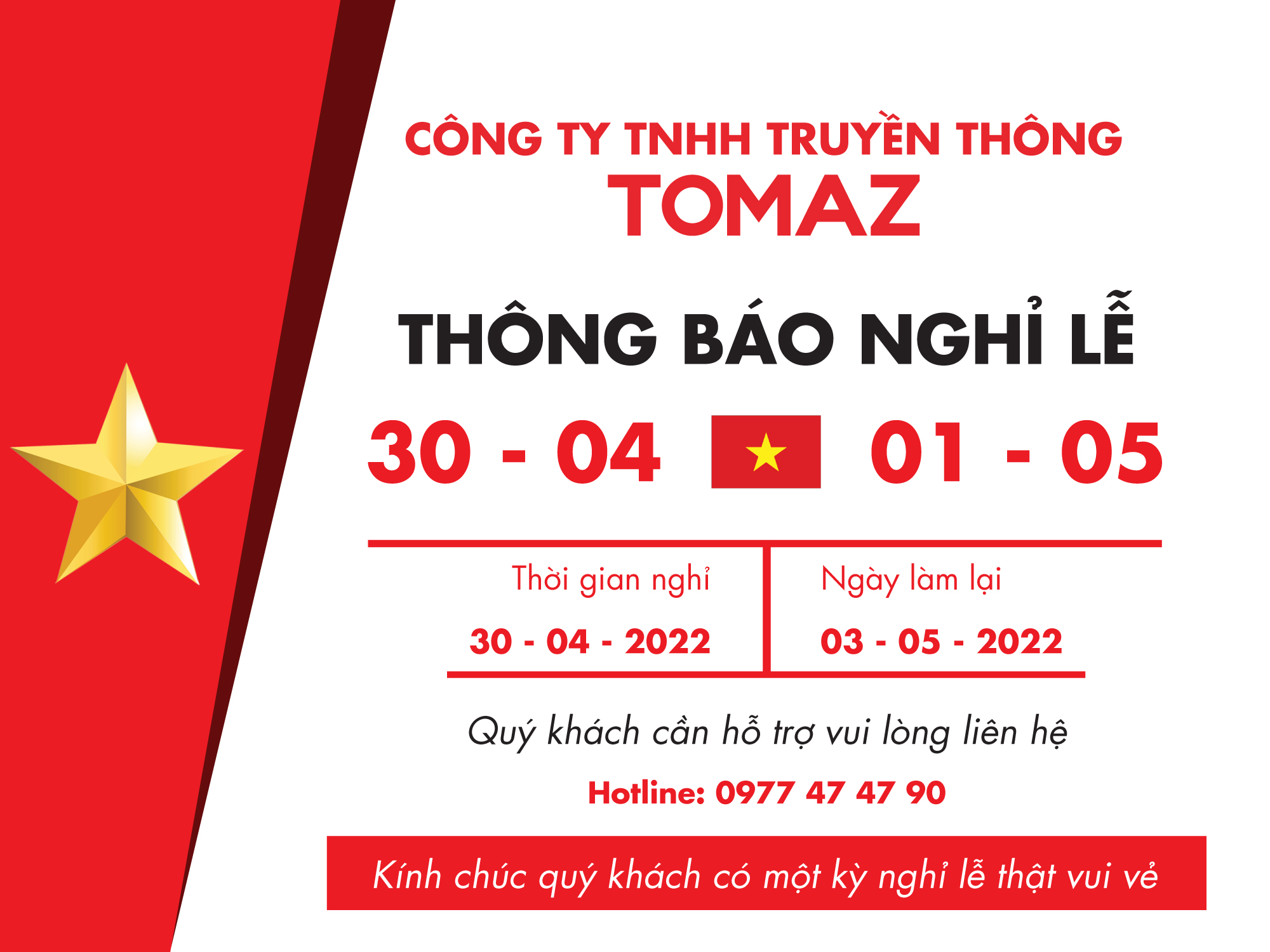 TOMAZ THÔNG BÁO LỊCH NGHỈ LỄ 30/04 - 01/05