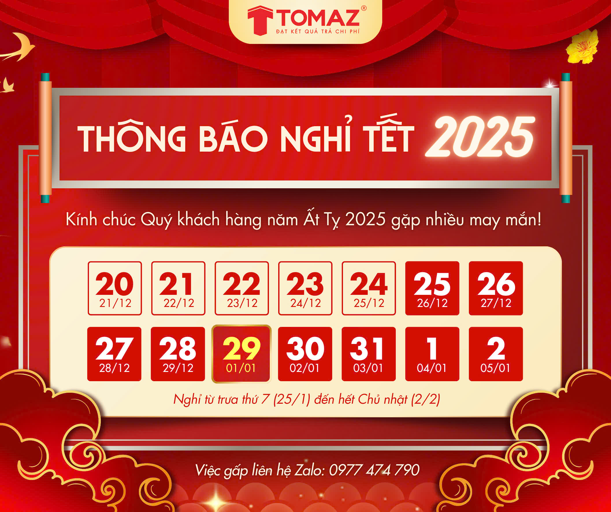 THÔNG BÁO LỊCH NGHỈ TẾT NGUYÊN ĐÁN
