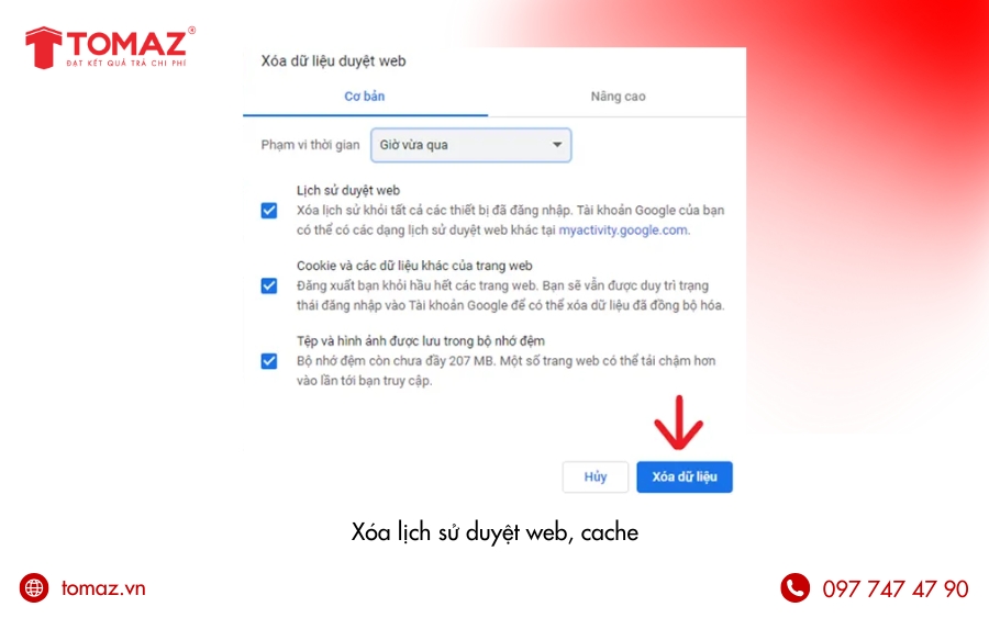 Xóa cache, cookie và lịch sử duyệt web