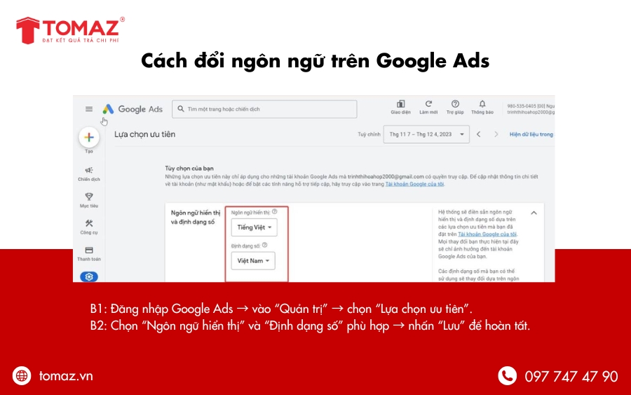 Cách đổi ngôn ngữ trên Google Ads