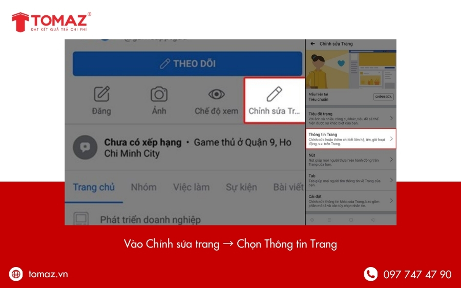 Truy cập mục chỉnh sửa thông tin Trang