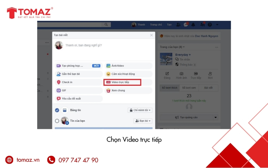 Cách live stream bán hàng trên facebook - Chọn Video trực tiếp để bắt đầu thiết lập livestream