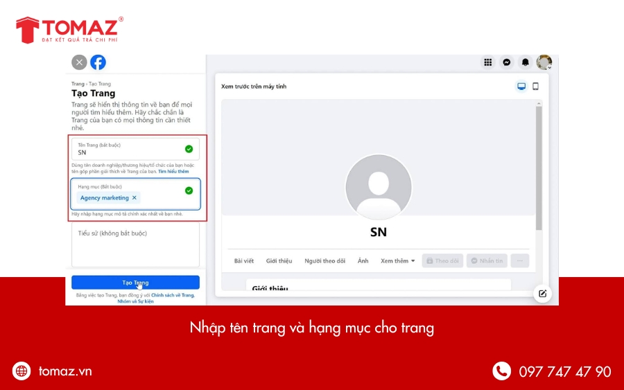 Nhập Tên Trang và chọn Hạng mục phù hợp