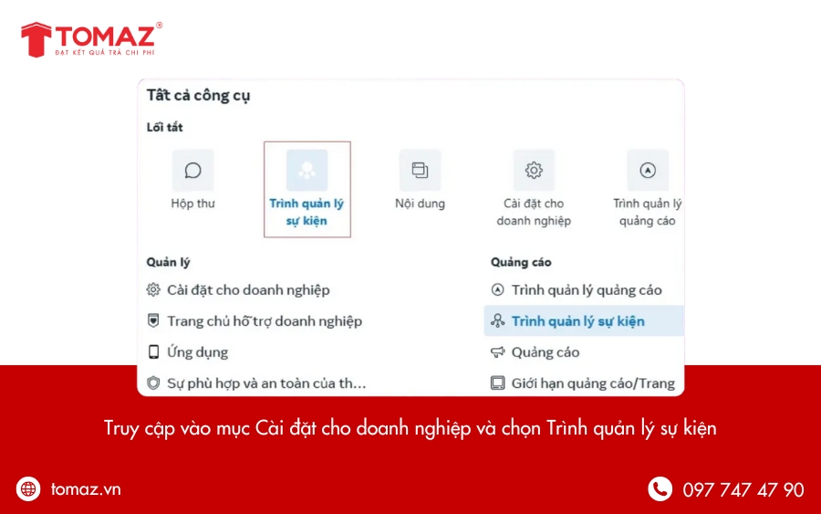 Truy cập vào mục cài đặt cho doanh nghiệp và chọn trình quản lý sự kiện