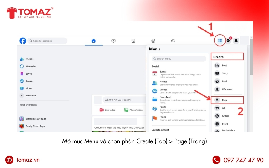 Truy cập Menu và chọn “Tạo Trang”