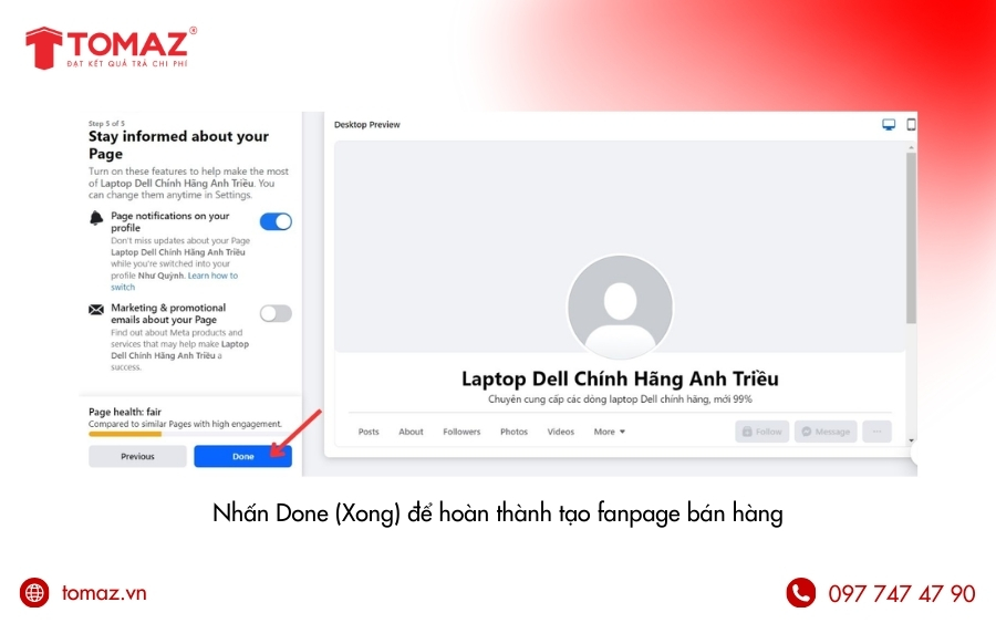 Nhấn Done (Xong) để hoàn thành tạo trang bán hàng trên Facebook
