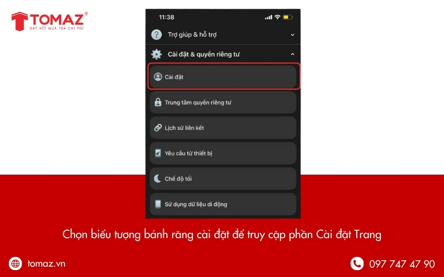 Vào phần Cài đặt Trang