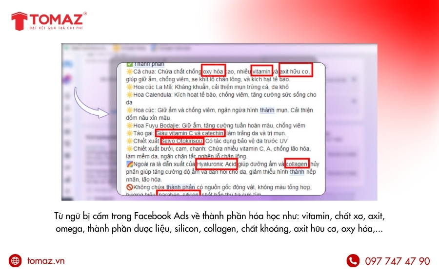 Những từ bị cấm trong quảng cáo Facebook liên quan đến thành phần hoá học