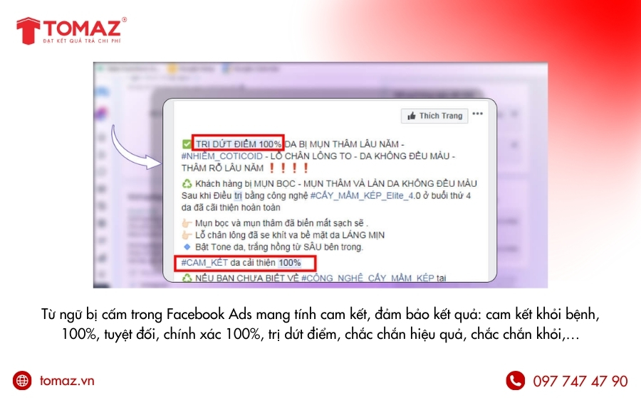 Những từ bị cấm trong quảng cáo Facebook mang tính cam kết, đảm bảo kết quả