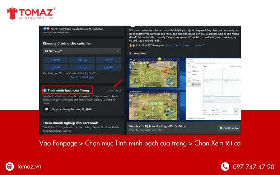 Chọn mục Tính minh bạch của trang