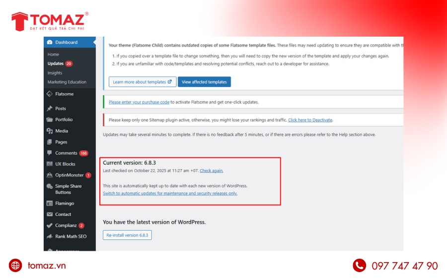 Kiểm tra phiên bản WordPress trong trang quản trị (Dashboard)